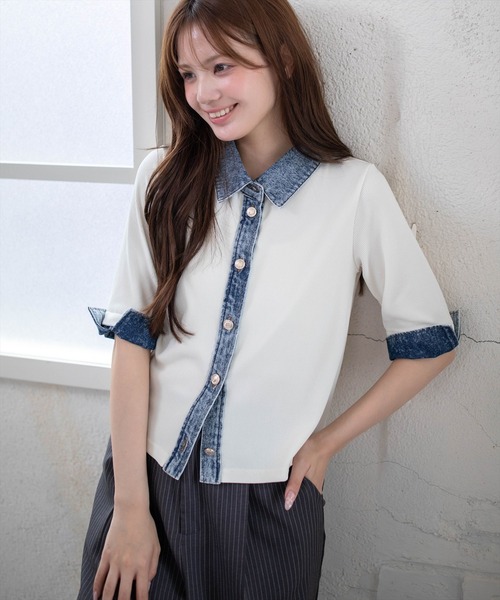 clear（クリア）の「襟付デニム切替カットソートップス［骨格ウェーブ/カジュアル］（Tシャツ/カットソー・レディース・アイボリー/グレー/ネイビー・F）」の2枚目の写真