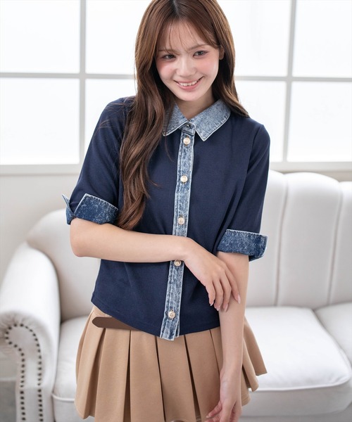 clear（クリア）の「襟付デニム切替カットソートップス［骨格ウェーブ/カジュアル］（Tシャツ/カットソー・レディース・アイボリー/グレー/ネイビー・F）」の7枚目の写真
