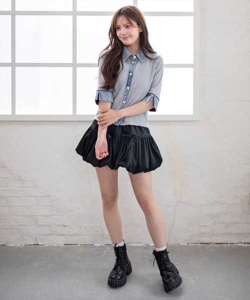 clear（クリア）の「襟付デニム切替カットソートップス［骨格ウェーブ/カジュアル］（Tシャツ/カットソー・レディース・アイボリー/グレー/ネイビー・F）」の9枚目の写真