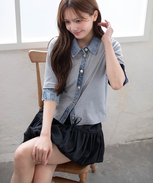 clear（クリア）の「襟付デニム切替カットソートップス［骨格ウェーブ/カジュアル］（Tシャツ/カットソー・レディース・アイボリー/グレー/ネイビー・F）」の11枚目の写真