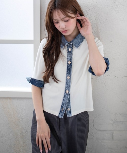 clear（クリア）の「襟付デニム切替カットソートップス［骨格ウェーブ/カジュアル］（Tシャツ/カットソー・レディース・アイボリー/グレー/ネイビー・F）」の14枚目の写真