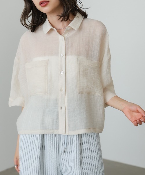 Bab(バブ)の「シアーショートシャツブラウス/シアートップス/シアーシャツ(シャツ/ブラウス・レディース・アイボリー/サックスブルー/グリーン・M)」の4枚目の写真