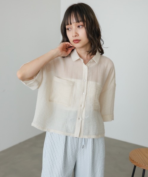 Bab(バブ)の「シアーショートシャツブラウス/シアートップス/シアーシャツ(シャツ/ブラウス・レディース・アイボリー/サックスブルー/グリーン・M)」の5枚目の写真