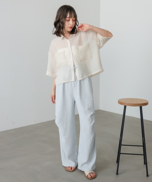 Bab(バブ)の「シアーショートシャツブラウス/シアートップス/シアーシャツ(シャツ/ブラウス・レディース・アイボリー/サックスブルー/グリーン・M)」の6枚目の写真