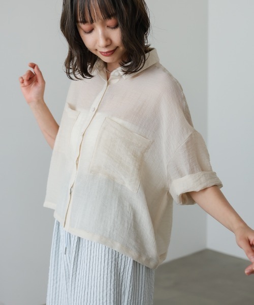 Bab(バブ)の「シアーショートシャツブラウス/シアートップス/シアーシャツ(シャツ/ブラウス・レディース・アイボリー/サックスブルー/グリーン・M)」の7枚目の写真