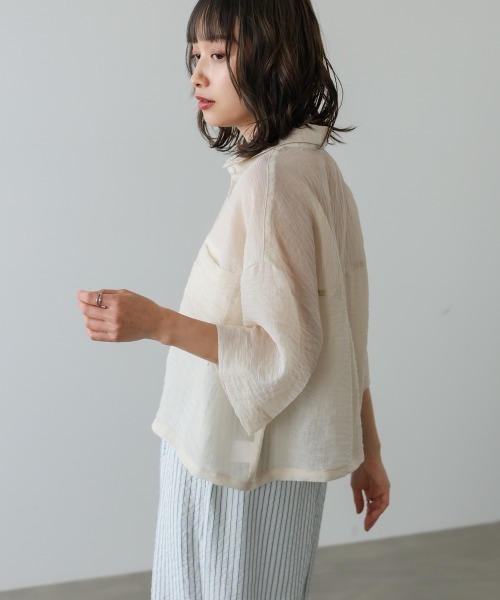 Bab(バブ)の「シアーショートシャツブラウス/シアートップス/シアーシャツ(シャツ/ブラウス・レディース・アイボリー/サックスブルー/グリーン・M)」の8枚目の写真