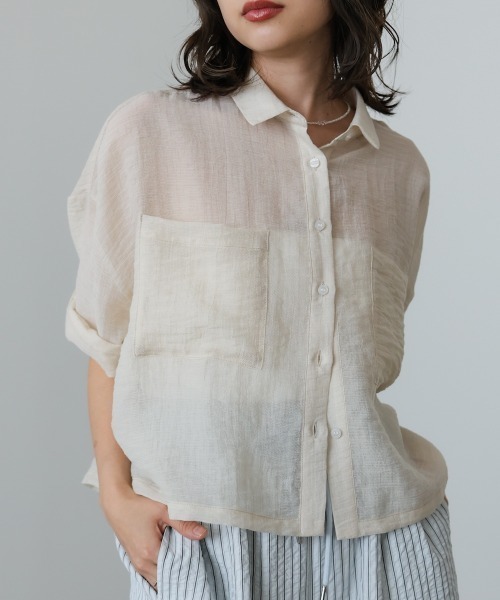 Bab(バブ)の「シアーショートシャツブラウス/シアートップス/シアーシャツ(シャツ/ブラウス・レディース・アイボリー/サックスブルー/グリーン・M)」の10枚目の写真