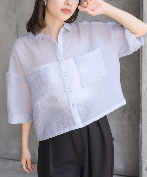 Bab(バブ)の「シアーショートシャツブラウス/シアートップス/シアーシャツ(シャツ/ブラウス・レディース・アイボリー/サックスブルー/グリーン・M)」の19枚目の写真