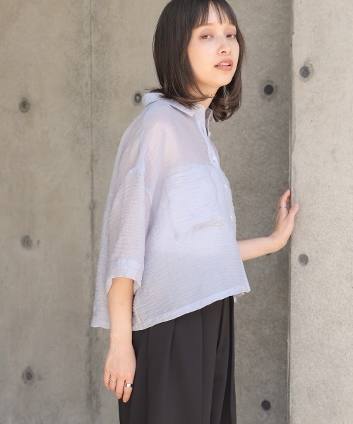 Bab(バブ)の「シアーショートシャツブラウス/シアートップス/シアーシャツ(シャツ/ブラウス・レディース・アイボリー/サックスブルー/グリーン・M)」の22枚目の写真