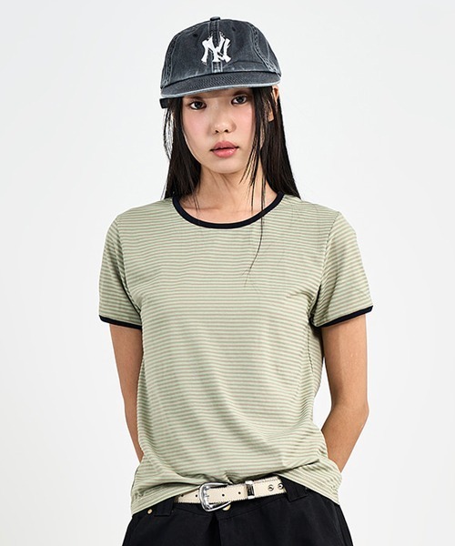 raucohouse(ラウコハウス)の「ボーダーリンガー半袖Tシャツ(Tシャツ/カットソー・レディース・ネイビー/グリーン・FREE)」の2枚目の写真