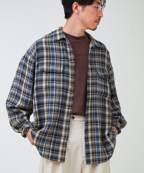 GLOSTER(グロスター)の「【秋立ち上がりから着られる】ワッフルチェック ワークシャツ ロングスリーブ(シャツ/ブラウス・メンズ・ブルー系その他/パープル系その他/ブラック系その他/グリーン系その他・M/L)」の1枚目の写真