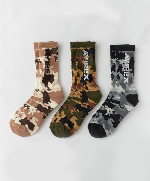 AVIREX(アヴィレックス)の「AVIREX/アビレックス AX Camouflage 3P Socks カモフラージュ 3足組 ソックス 靴下 迷彩柄 サイドプリント クルー丈ソックス 3足セット メンズ 秋 秋服 2026年秋冬(ソックス/靴下・メンズ・カモフラージュ・25-27)」の2枚目の写真