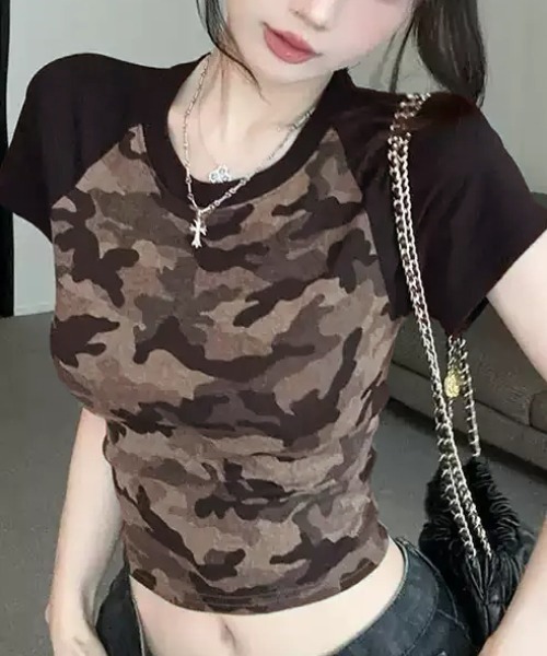 SHEPP(シープ)の「迷彩柄 ラグラン半袖Tシャツ カモフラ タイトトップス(Tシャツ/カットソー・レディース・カーキ・L/M)」の17枚目の写真