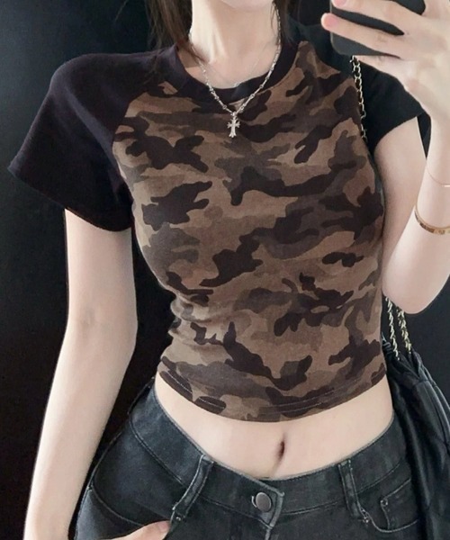 SHEPP(シープ)の「迷彩柄 ラグラン半袖Tシャツ カモフラ タイトトップス(Tシャツ/カットソー・レディース・カーキ・L/M)」の16枚目の写真