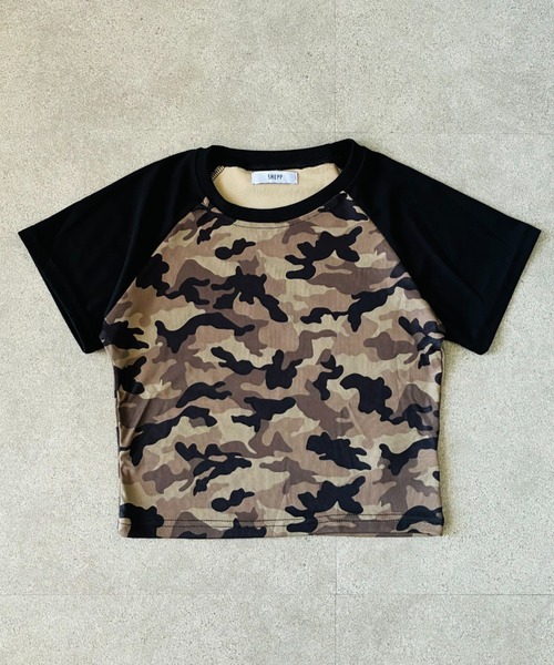 SHEPP(シープ)の「迷彩柄 ラグラン半袖Tシャツ カモフラ タイトトップス(Tシャツ/カットソー・レディース・カーキ・L/M)」の7枚目の写真