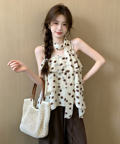 Girly Doll（ガーリードール）の「リボンタイ付き ドット柄ティアードキャミソール（キャミソール・レディース・ブラック/オフホワイト/ライトブルー・FREE）」の7枚目の写真