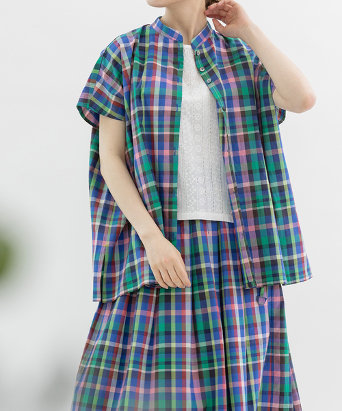 nop de nod(ノップドゥノッド)の「ローンマルチカラースタンドカラーシャツ(シャツ/ブラウス・レディース・ダークブルー/ブラウン/ピンク・M)」の7枚目の写真