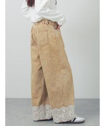 Samansa Mos2 | デニム裾レースワイドパンツ(デニムパンツ)