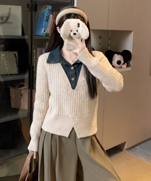 LUCPY(ラクピー)の「デニム襟ドッキング Vネックリブニットプルオーバー(その他トップス・レディース・イエロー/ブラウン/ブラック/ホワイト/レッド・FREE)」の6枚目の写真