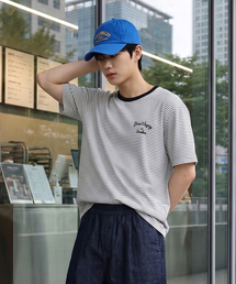 メンズストライプ半袖ベーシックTシャツ (O-WHITE) (HC6STA8)