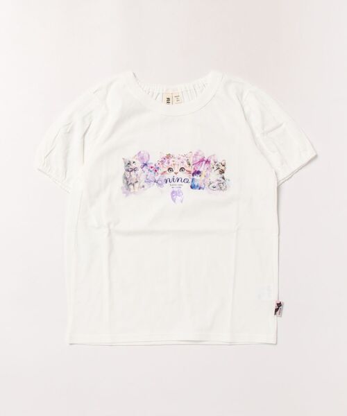 nino(ニノ)の「ラベンダーねこプリント パフスリーブTeeシャツ(Tシャツ/カットソー・キッズ・オフホワイト・140cm)」の1枚目の写真
