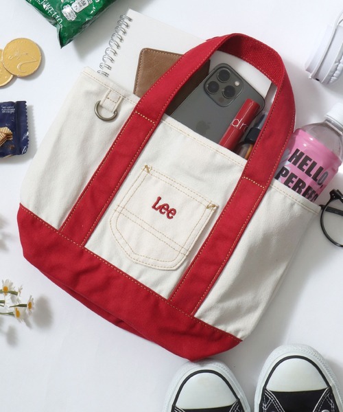 Lee（リー）の「Lee（リー）ミニポケット ロゴ刺繍 ランチサイズ キャンバストートバッグ/ミニトート/ランチバッグ（トートバッグ・レディース・ホワイト×ネイビー/ホワイト×レッド/インディゴブルー/ホワイト×グリーン/ホワイト×ブラック・FREE）」の2枚目の写真