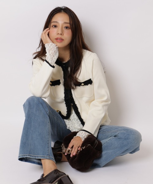 JUSGLITTY(ジャスグリッティー)の「デコラブレードニットジャケット(ニット/セーター・レディース・ピンク/ブラック/ホワイト・2)」の7枚目の写真