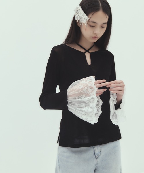 tanakadaisuke(タナカダイスケ)の「【tanakadaisuke/タナカダイスケ】《STUDIOUS別注》 flocky tulle pullover(Tシャツ/カットソー・レディース・ブラック・FREE)」の4枚目の写真