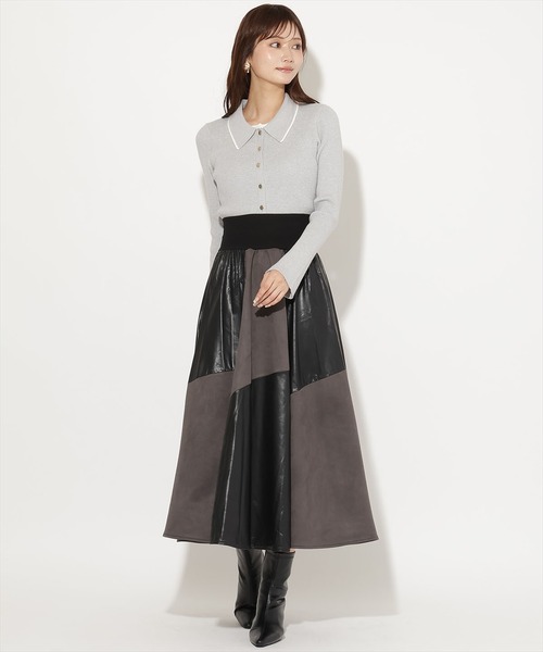 AND COUTURE（アンドクチュール）の「エコレザー×エコスウェード切替スカート（スカート・レディース・ホワイト/ブラック/ベージュ・FREE）」の7枚目の写真