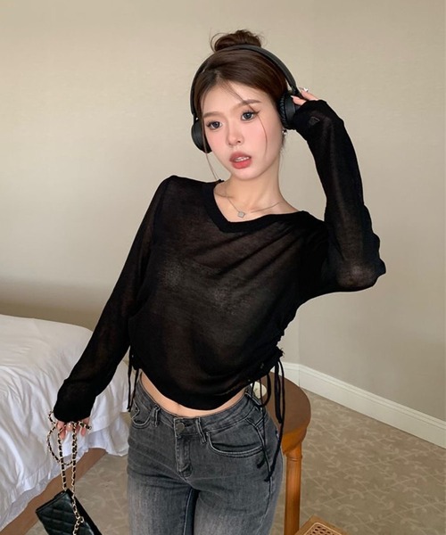 VIBGYOR(ヴィブジョー)の「【EIZZ/アイズ】サイドギャザー ドローストリングVネックシアー長袖カットソー(Tシャツ/カットソー・レディース・ホワイト/ブラック・FREE)」の11枚目の写真