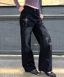 ミニストーン×ペイントワイドストレートデニムパンツ