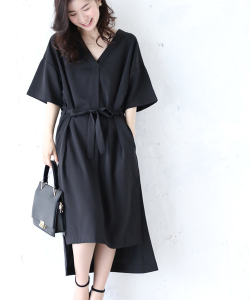 Cawaii カワイイ の Vカットのひらり裾ワンピース 半袖ワンピース バックリボン ウエストリボン スリット イレヘム ワンピース Wear