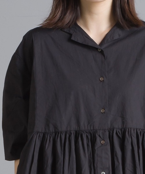 美品☆エブール コットンタイプライターウエストギャザーワンピース コットンリネンタイプライター ワンピース | ebure (Women
