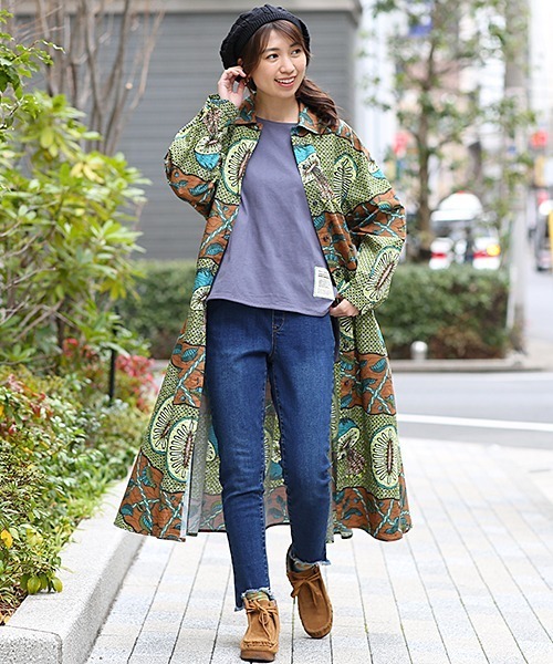 チチカカ　キウイ柄　ワンピース　ロングシャツ　エスニック セール】キウイキテンゲワンピース（シャツワンピース