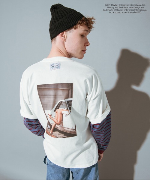 PLAYBOY(プレイボーイ)の「MR.OLIVE 別注 PLAYBOY(プレイボーイ) / Mr.PLAYBOY TYPE-1 フォトTシャツ(Tシャツ/カットソー・メンズ・ブラック/オフホワイト・MEDIUM/LARGE/X-LARGE)」の2枚目の写真