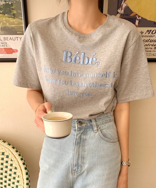 JUNOAH(ジュノア)の「刺繍ロゴTシャツ(Tシャツ/カットソー・レディース・ホワイト/ブラック/ネイビー/グレー/ピンク・FREE)」の8枚目の写真