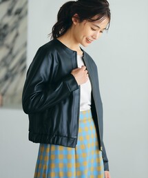 ◆【S-3L】フェイクレザーノーカラージャケット