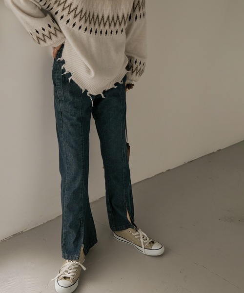 Fashion Letter（ファッションレター）の「センタースリットフレアデニムパンツ（デニムパンツ・レディース・ネイビー/ワンウォッシュ・M/3L/LL/4L/L）」の9枚目の写真
