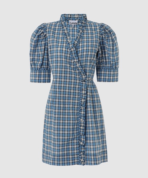 GANNI(ガニー)の「Seersucker Check Wrap Ruffle Mini Dress(ワンピース・レディース・ブルー系その他・38/36/34)」の1枚目の写真
