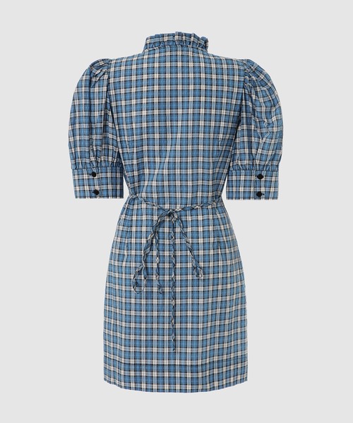 GANNI(ガニー)の「Seersucker Check Wrap Ruffle Mini Dress(ワンピース・レディース・ブルー系その他・38/36/34)」の2枚目の写真