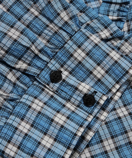 GANNI(ガニー)の「Seersucker Check Wrap Ruffle Mini Dress(ワンピース・レディース・ブルー系その他・38/36/34)」の3枚目の写真