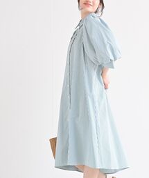 ストライプボリューム袖シャツワンピース