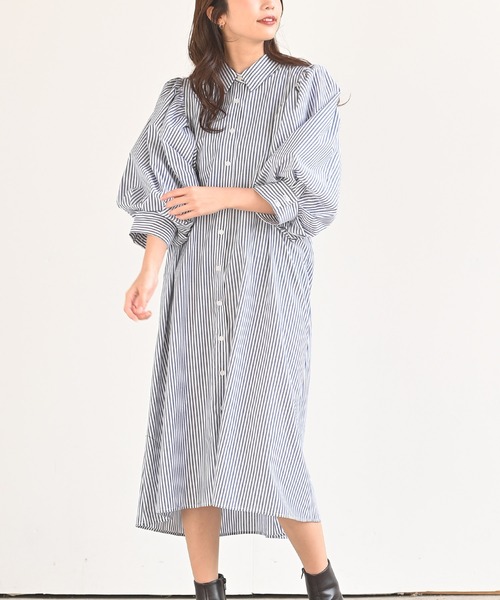 rps（アールピーエス）の「ストライプボリューム袖シャツワンピース（シャツワンピース・レディース・ネイビー/サックスブルー/ブルー/ライトブルー/ダークブルー/グリーン・M）」の3枚目の写真
