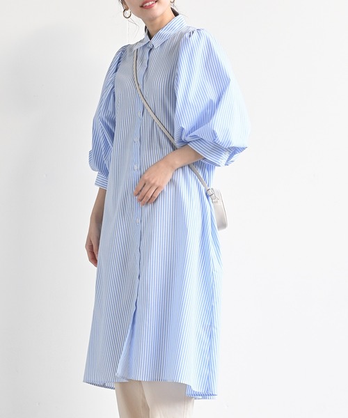 rps（アールピーエス）の「ストライプボリューム袖シャツワンピース（シャツワンピース・レディース・ネイビー/サックスブルー/ブルー/ライトブルー/ダークブルー/グリーン・M）」の4枚目の写真
