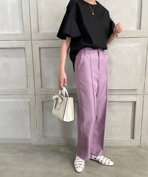 StyleSea(スタイルシー)の「センタータックストレートパンツ(スラックス・レディース・コーラルピンク/グレイッシュベージュ/パープル/ライム・MEDIUM)」の16枚目の写真