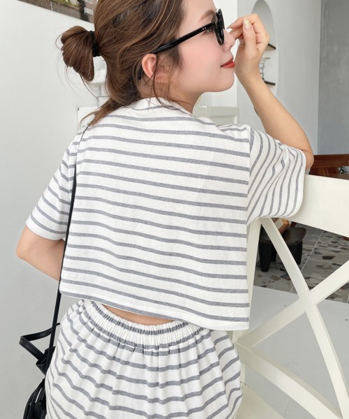 moment+（モーメントプラス）の「綿100％無地＆ボーダー オープンバック半袖ワンピース（ワンピース・レディース・ブラック/オフホワイト/ピンク/グリーン/ブラック系その他/グレー/オートミール/チャコールグレー・M/L）」の5枚目の写真