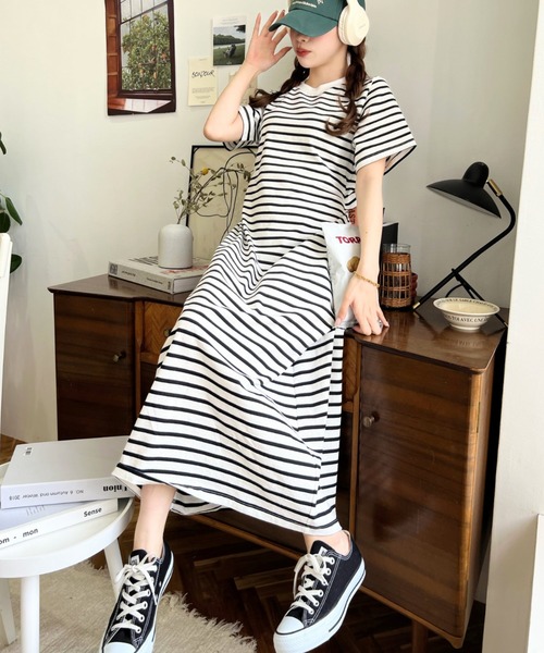 moment+（モーメントプラス）の「綿100％無地＆ボーダー オープンバック半袖ワンピース（ワンピース・レディース・ブラック/オフホワイト/ピンク/グリーン/ブラック系その他/グレー/オートミール/チャコールグレー・M/L）」の11枚目の写真