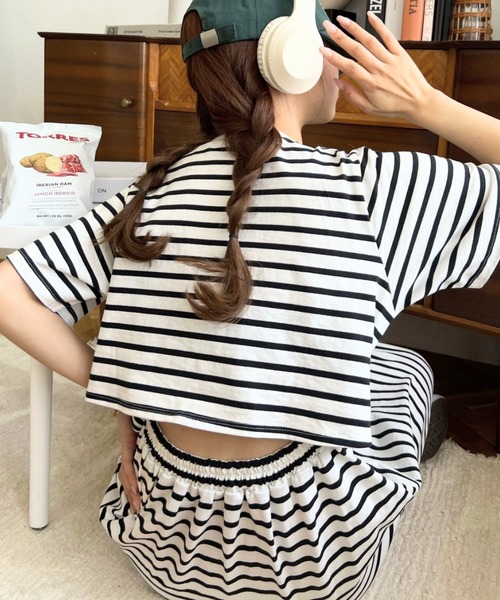 moment+（モーメントプラス）の「綿100％無地＆ボーダー オープンバック半袖ワンピース（ワンピース・レディース・ブラック/オフホワイト/ピンク/グリーン/ブラック系その他/グレー/オートミール/チャコールグレー・M/L）」の9枚目の写真