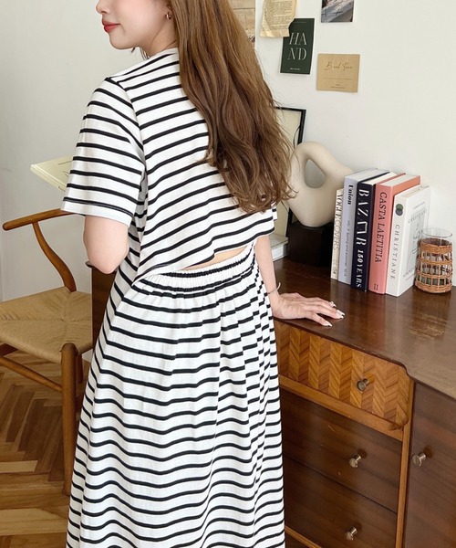 moment+（モーメントプラス）の「綿100％無地＆ボーダー オープンバック半袖ワンピース（ワンピース・レディース・ブラック/オフホワイト/ピンク/グリーン/ブラック系その他/グレー/オートミール/チャコールグレー・M/L）」の15枚目の写真