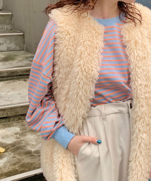 WHIMSIC（ウィムジック）の「【UNISEX】ミニパイルボーダーロングスリーブT（Tシャツ/カットソー・メンズ・ホワイト/ブラウン/ブルー/ブラック・FREE）」の4枚目の写真